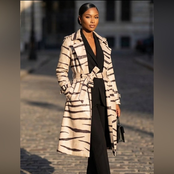 Passion of Essence Jackets & Blazers - Elegant Zebra Print Belted Lapel Trench